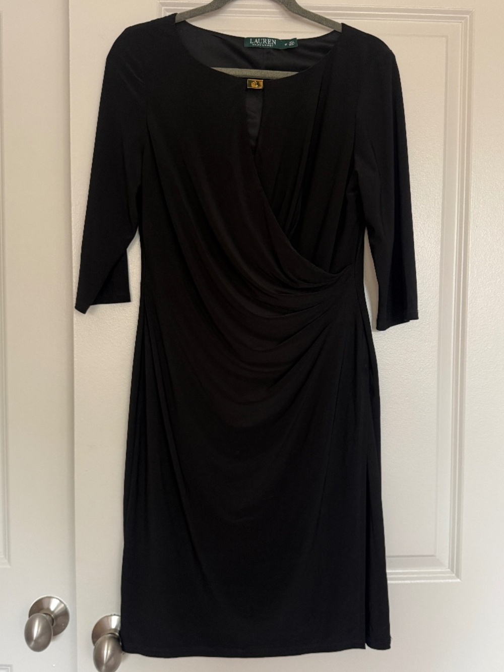 Lauren Ralph Lauren Black Wrap Dress Gold Logo Hardware Size 12